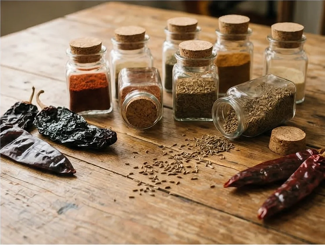 Taco Seasoning - Ingredient spread: a rustic wooden table covered with spice jars, chili peppers, and a scattering of cumin seeds.