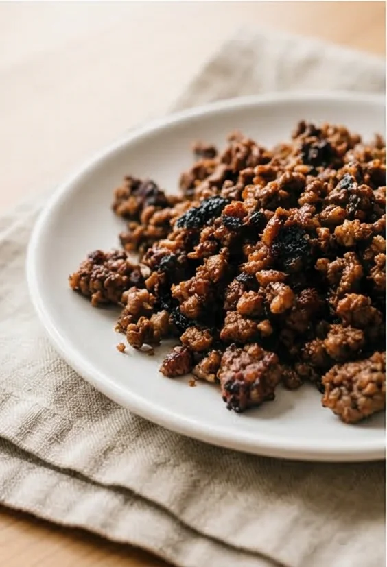Taco Seasoning - Plated side-on view of seasoned ground beef, showcasing the rich color and slight char from the taco seasoning.